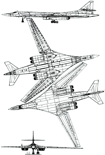 Схема Ту-160 (правое крыло - на минимальном угле стреловидности, левое - на максимальном)